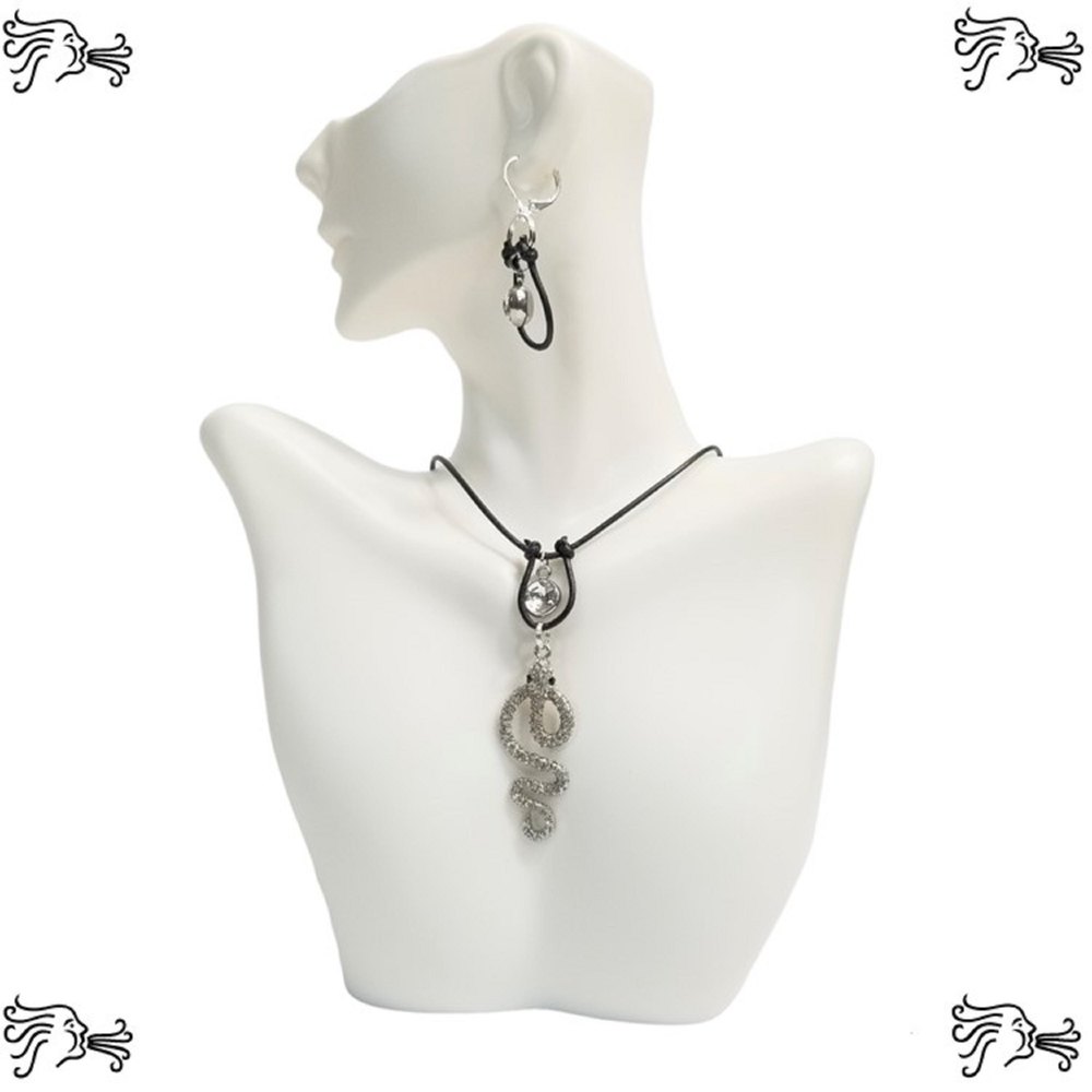 Rhinestone Snake Pendant Crystal Charm Choker Necklace & Earrings Black Leather